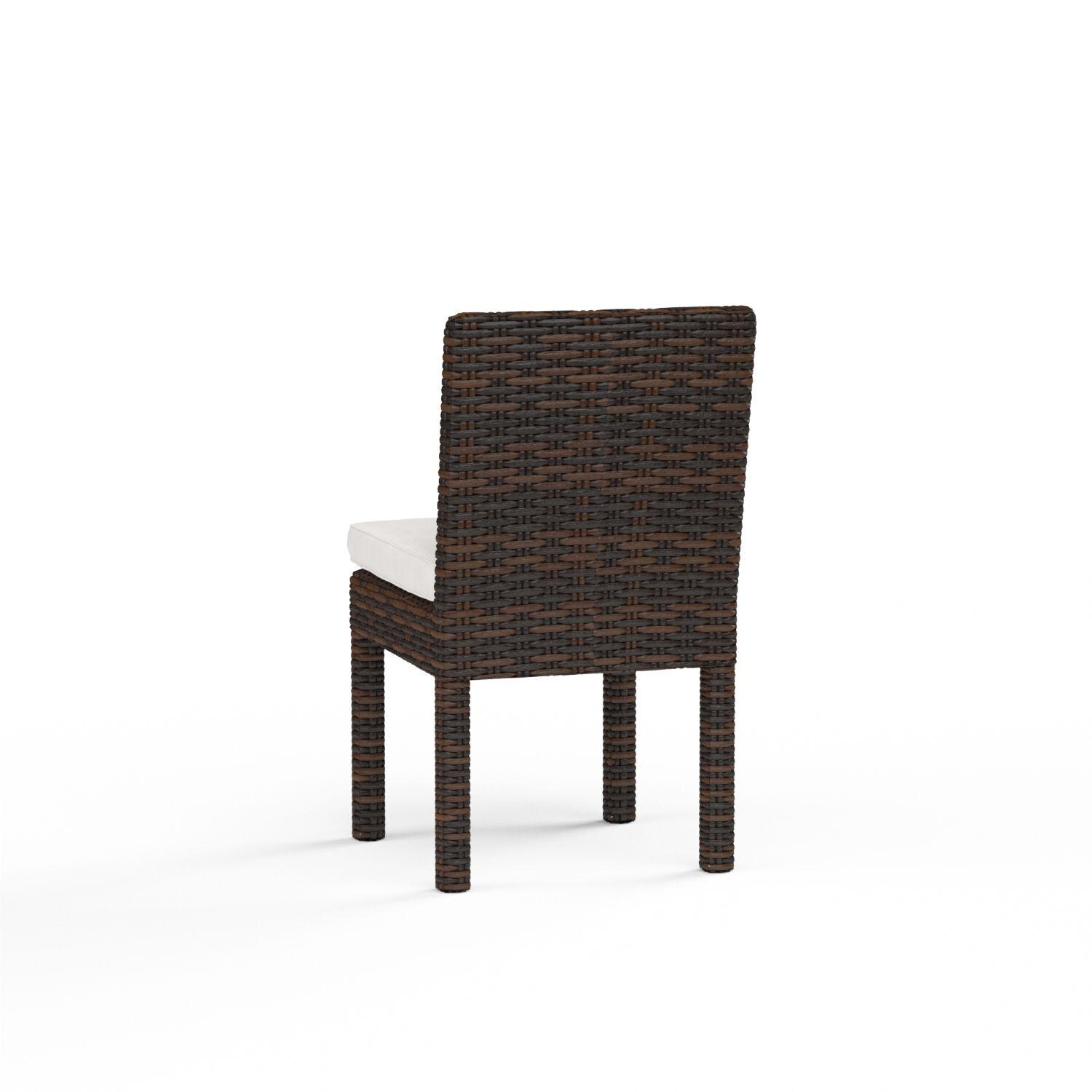 Montecito Wicker Patio Dining Side Chair W/ Sunbrella Canvas Flax Cushion By Sunset West - Rear View - White Background thumbnail