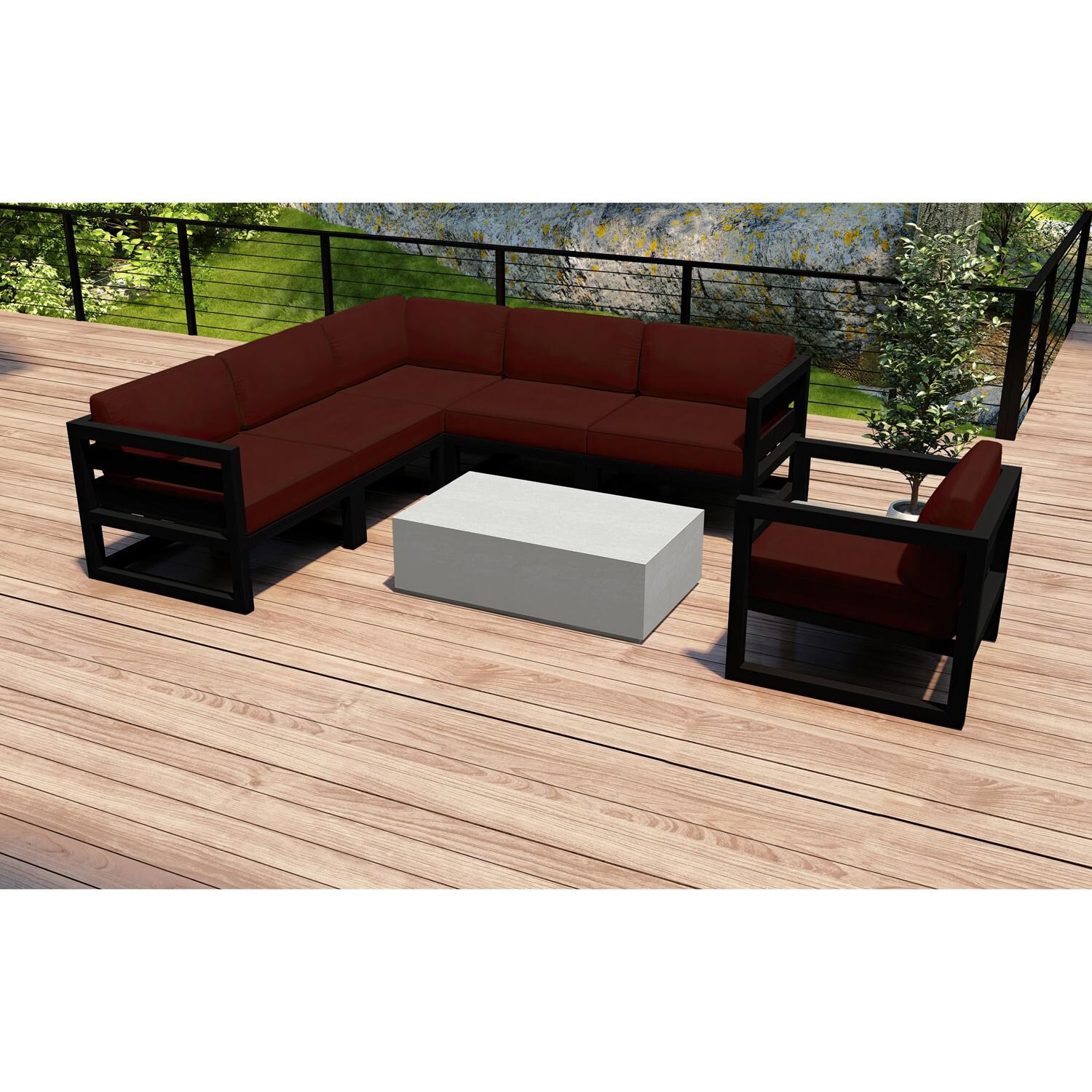 Lakeview MSTYMAS-BK-7SEC-HN Misty Cove 7 Pc Aluminum Sectional Set in Black w/Coffee Table & Canvas Henna Cushions by Lakeview Outdoor Designs - Set Outside - Lifestyle thumbnail