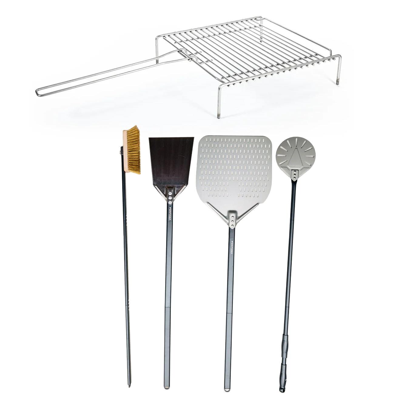 Fontana Forni Stainless Steel Oven Grate & 4 pc Adjustable Length Pizza Making Tool Kit - White Background thumbnail