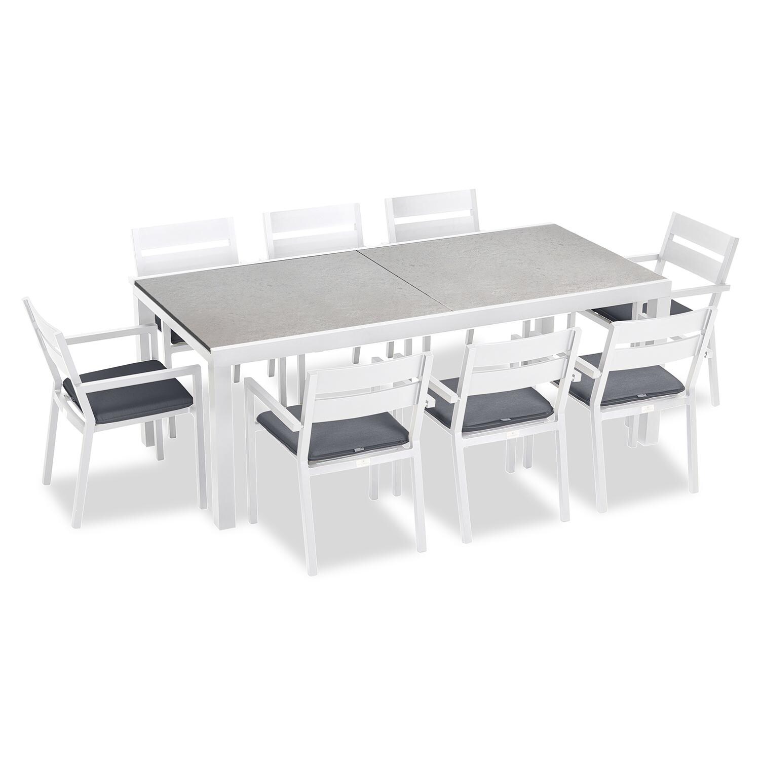 Calm Bay 9 Pc Extendable Aluminum Dining Set in White/Concrete/Canvas Charcoal by Lakeview Outdoor Designs