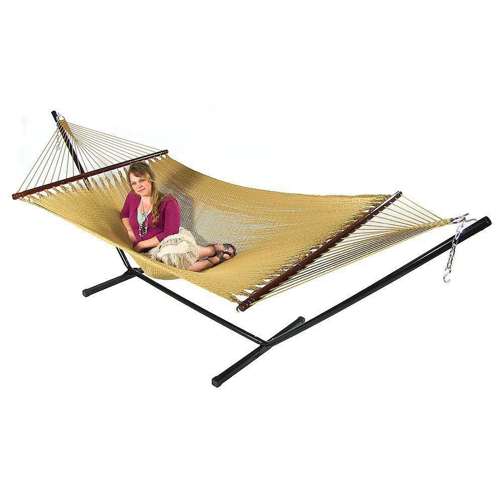 Ultimate Patio Soft-Spun Woven Rope Double Hammock w/ 15-Foot Stand - Tan - Shown In Use thumbnail