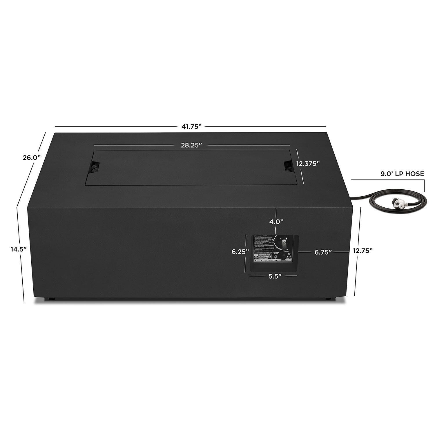Elysian 42 Inch Rectangular Powder Coated Steel Natural Gas Fire Pit Table in Black by Lakeview Outdoor Designs - Diagram - Dimensional thumbnail