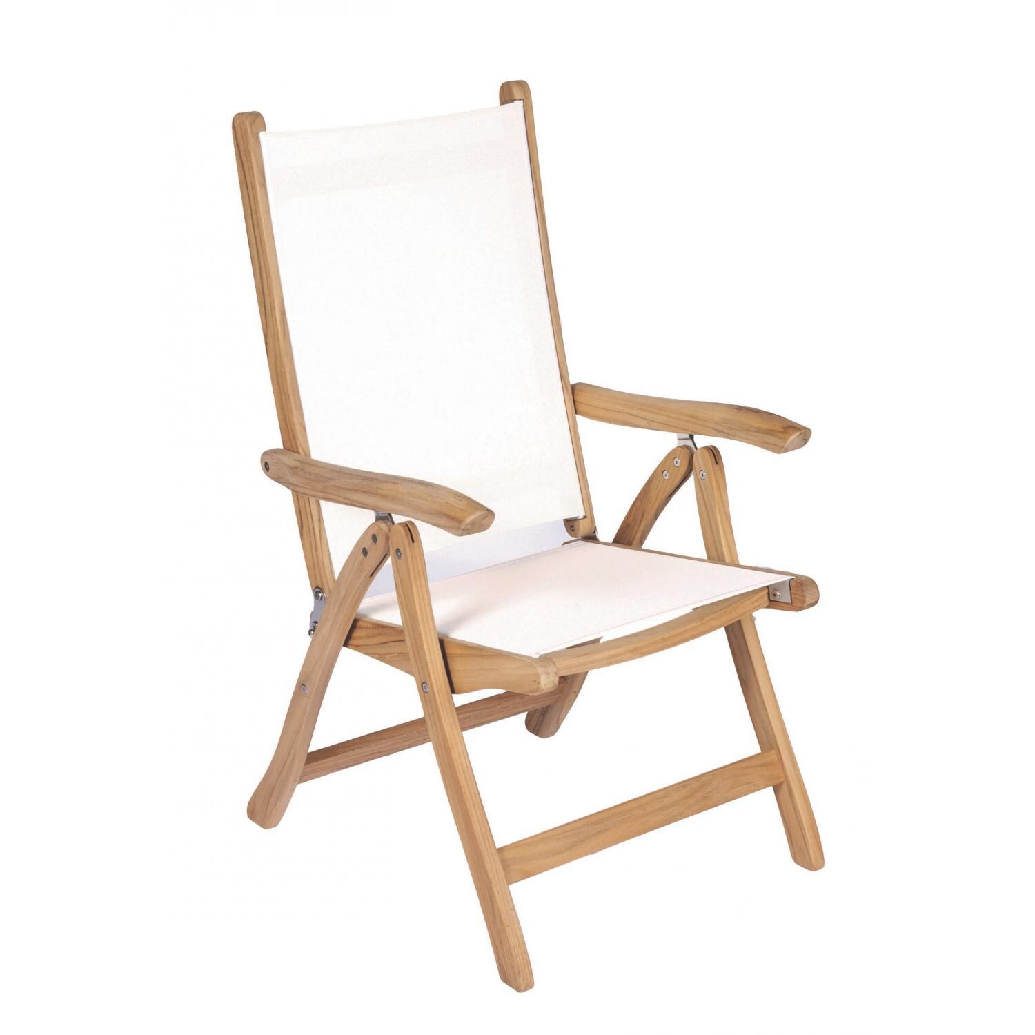 Florida Reclining & Folding Teak Patio Dining Arm Chair W/ White Sling