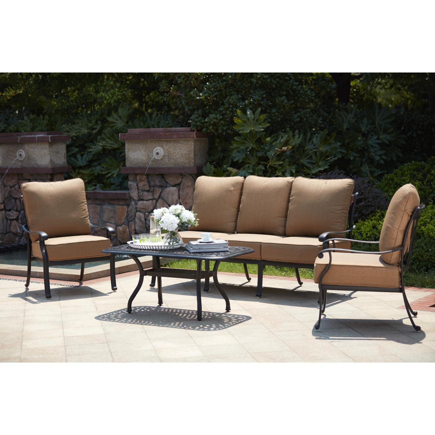 Darlee 201668-4PC-60LB Capri 4 Piece Cast Aluminum Patio Conversation Set W/ Sesame Polyester Cushions - Lifestyle thumbnail