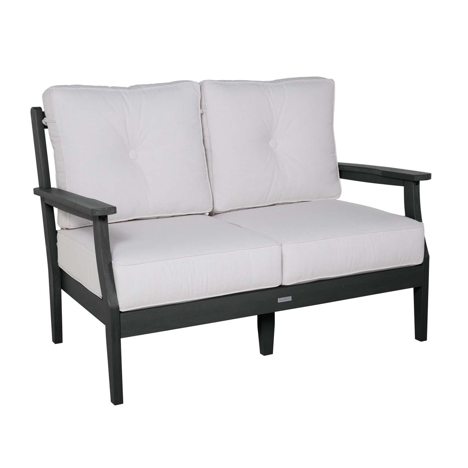 Blushing Bay 2 Person Recycled Plastic Loveseat in Bliss Linen/Black by Lakeview Outdoor Designs - Left Angled - White Background thumbnail
