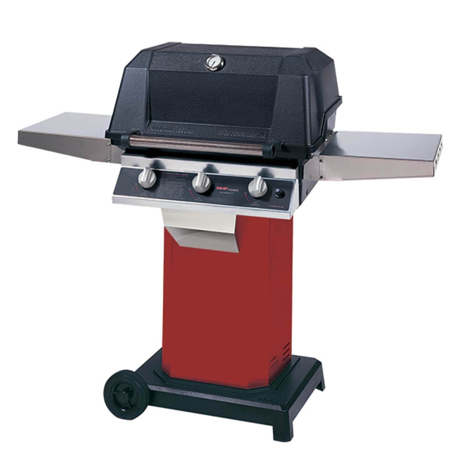 MHP W3G Propane Gas Grill w/ SearMagic Grids on Ember Red Grill Column w/ Portable Base - W3G4DD-PS + OCOLER + OC-P