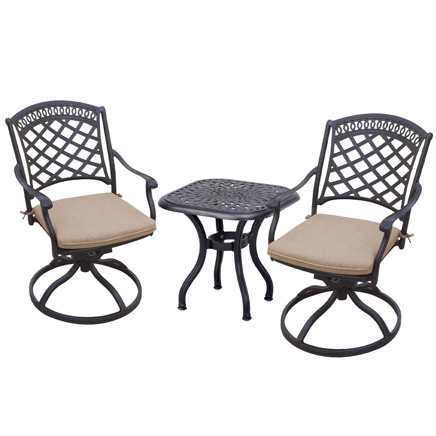 Sedona 3 Pc Cast Aluminum Bistro Set w/ 21 Inch Series 60 Table in Antique Bronze/Beige Canvas by Darlee