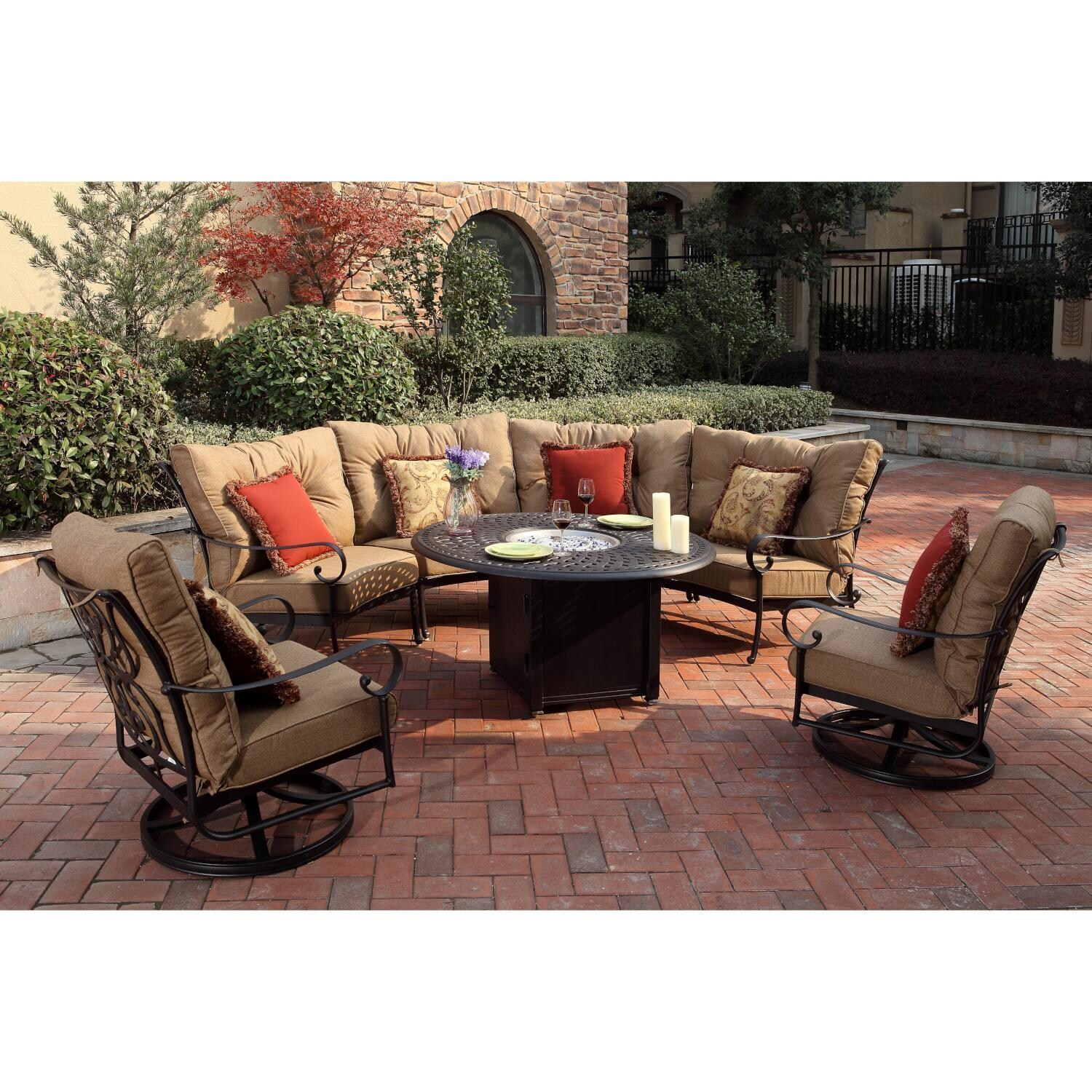 Santa Anita 7 Pc Cast Aluminum Patio Fire Pit Conversation Set w/ Sesame Sunbrella Cushions by Darlee - Back Patio - Full View (Pillows Not Included) - Lifestyle thumbnail