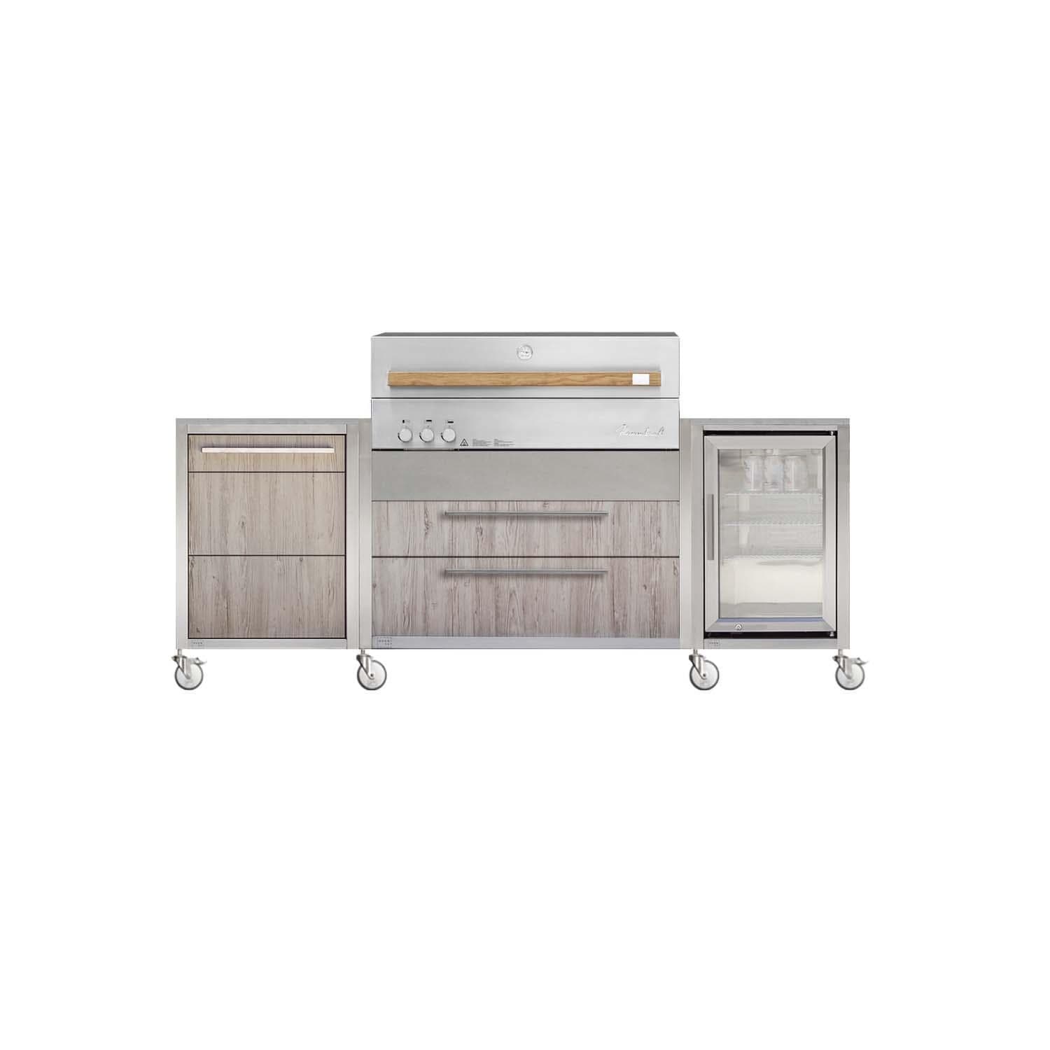Burnout BBQ Modular Outdoor Fully Lit Kitchen Island on Casters w/ Flammkraft Model D Built-In Grill, Caso 2.2 Cu Ft Refrigerator, and Propane Pullout- Oak - White Background thumbnail