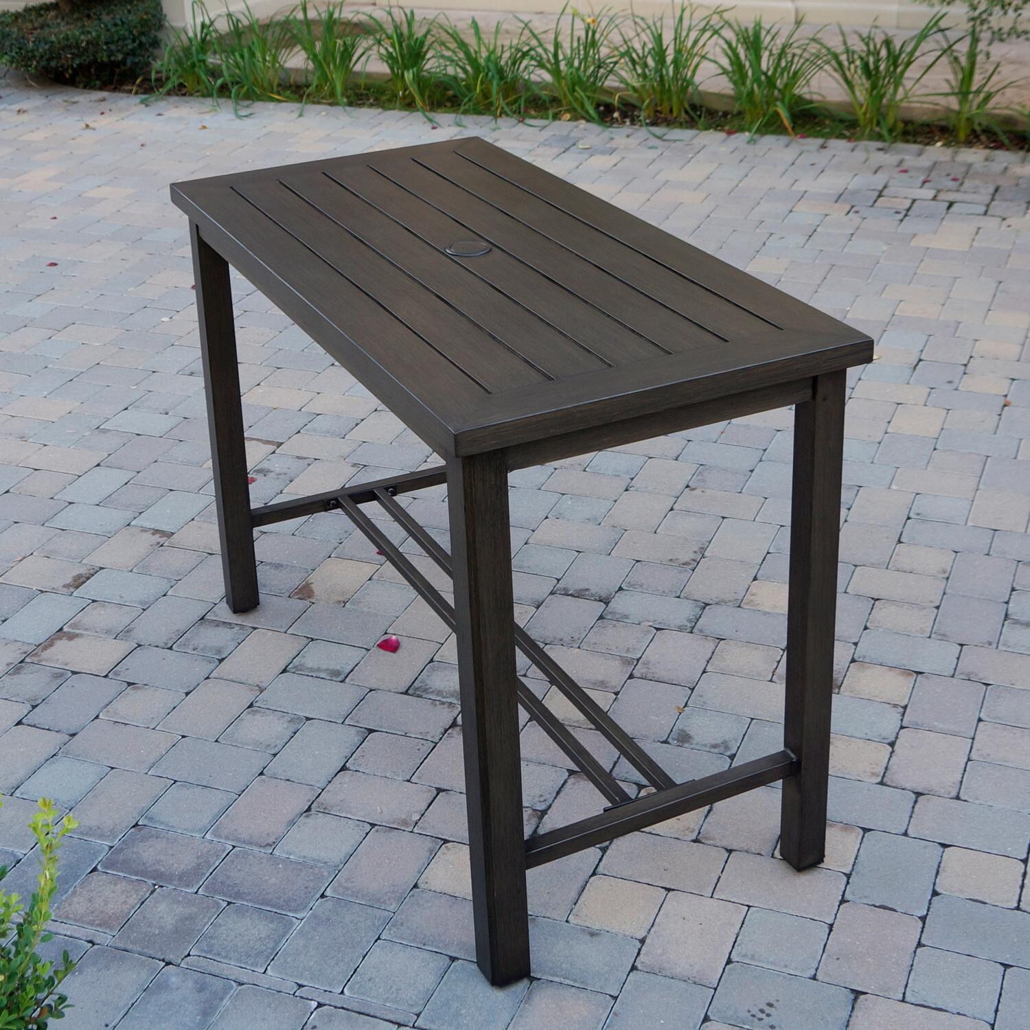 Darlee Brooklyn 5 Piece Patio Counter Height Bar Set W/ 58 X 28-Inch Rectangular Serving Table & Sesame Cushions - Table Angled thumbnail