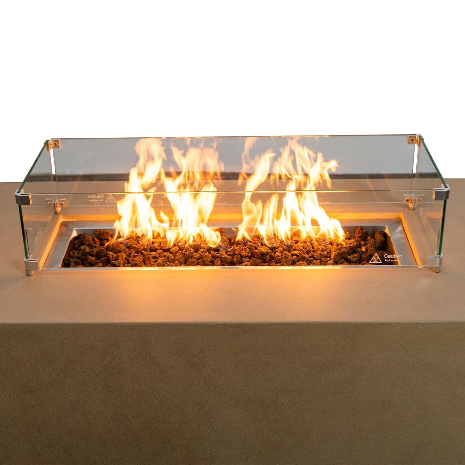 Glenwood 55-in Rectangular Concrete Natural Gas Fire Pit in Sand by Lakeview Outdoor Designs - Glass Wind Guard - Close Up - White Background thumbnail
