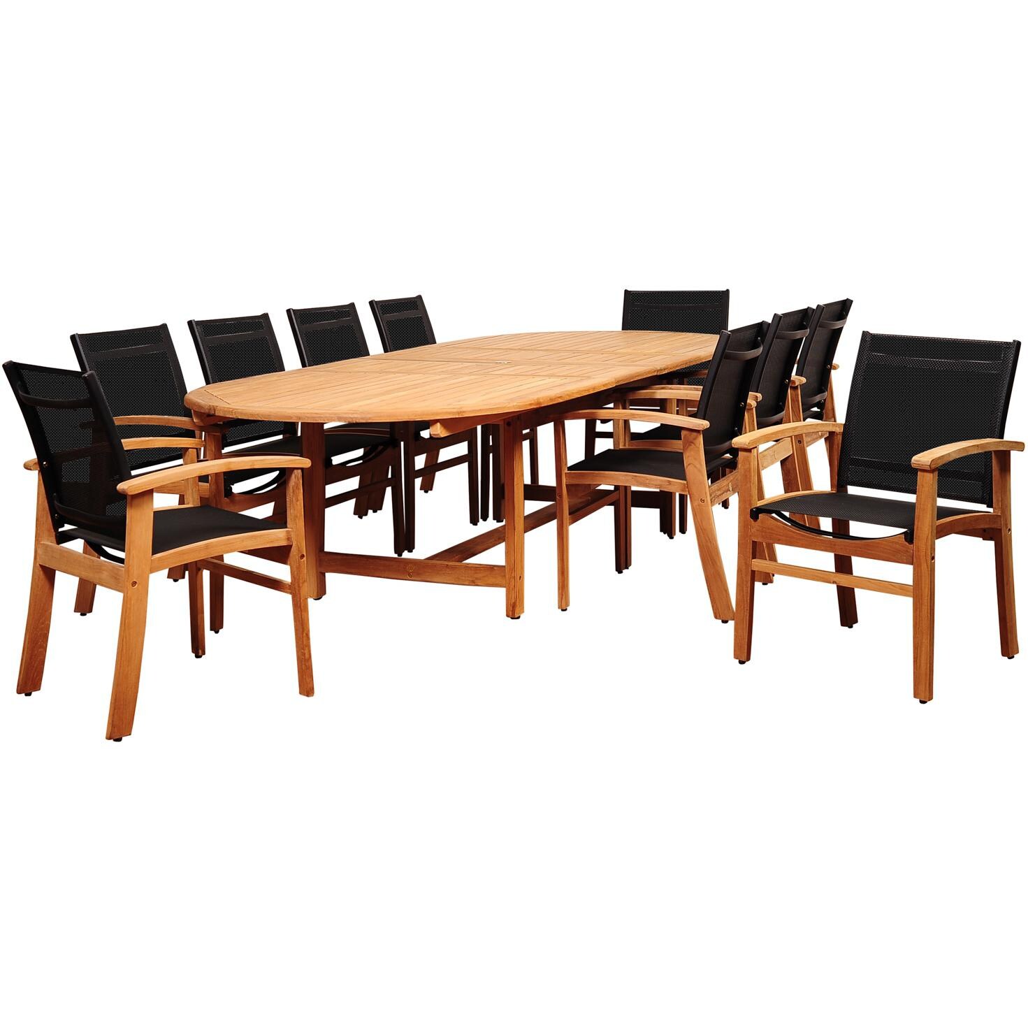 Amazonia SC DIANDLX_10FORT_BK Edenton 10-Person Teak Patio Double-Extendable Oval Dining Set W/ Sling Teak Dining Arm Chairs thumbnail