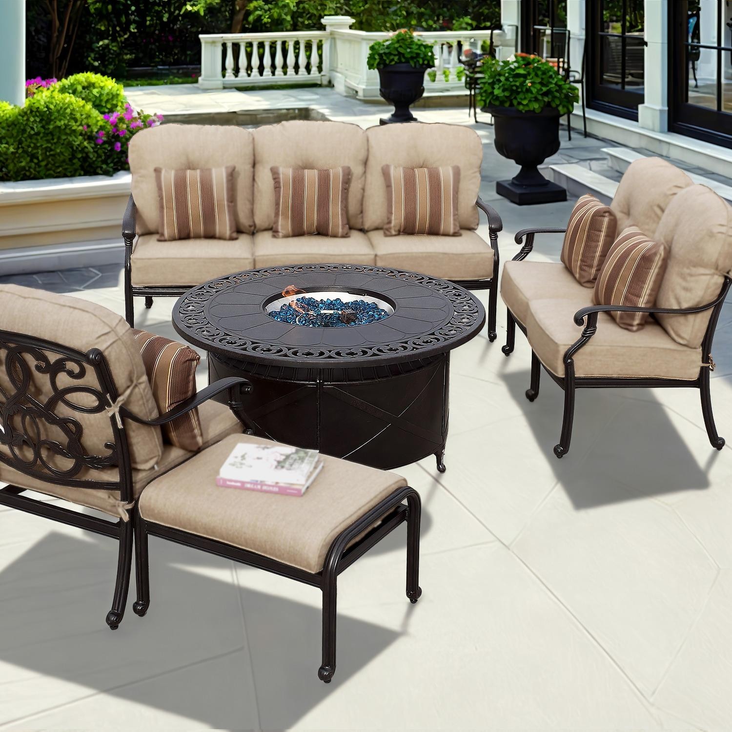 Darlee Santa Monica 5 Pc Cast Aluminum Fire Pit Seating Set w/ 47 Inch Table & Throw Pillows in Antique Bronze/Beige Canvas by - B/DL2058-5PCD-35QBSP
