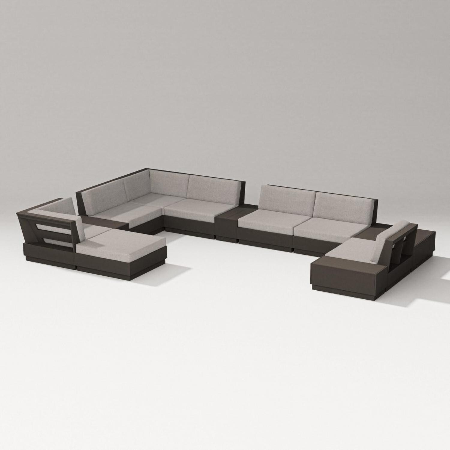 Elevate 12 Pc Recycled Plastic Chaise Sectional Seating Set in Vintage Coffee/Weathered Tweed By PW Designer Series
