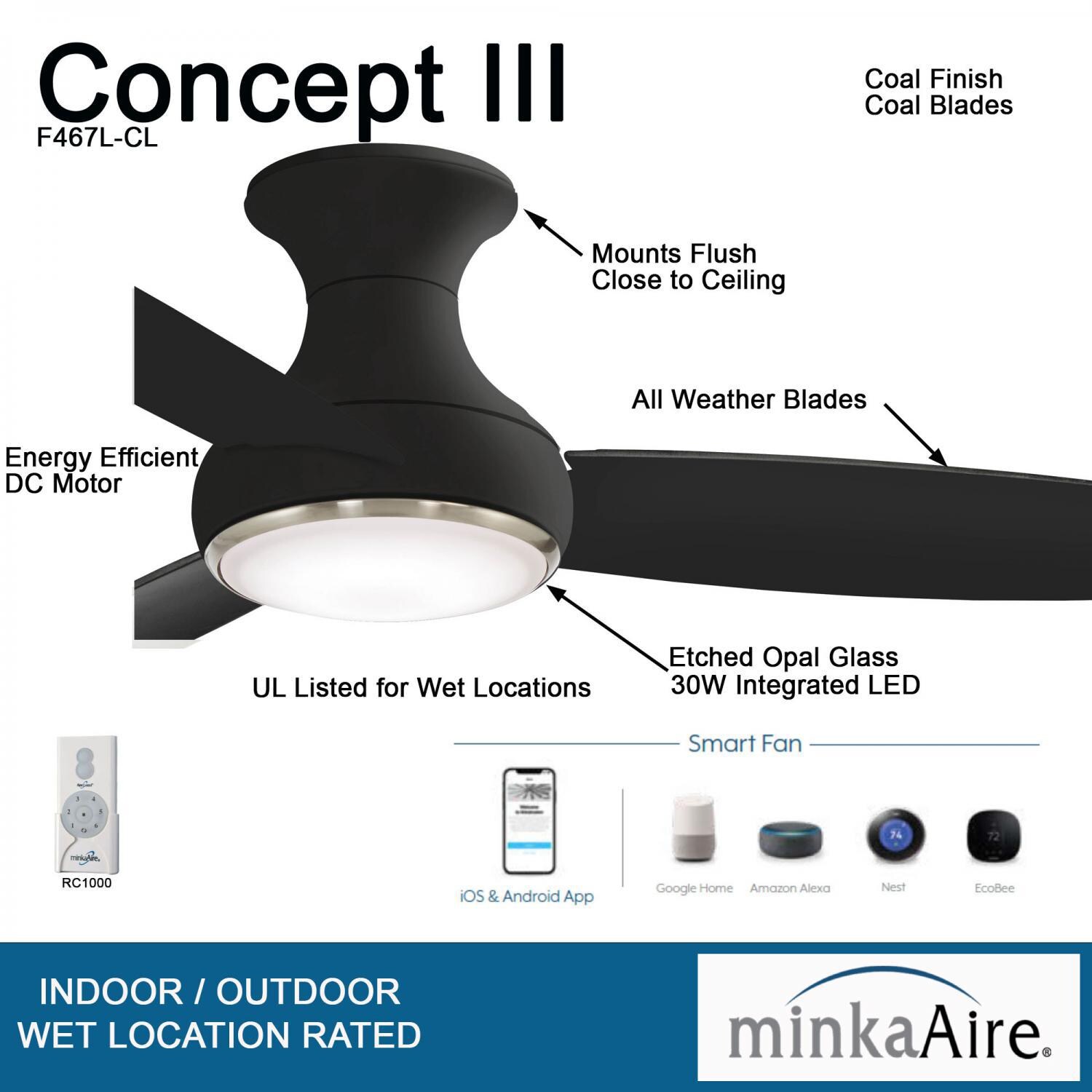 Minka-Aire F467L-CL Concept III 54-Inch 3-Blade LED Smart Ceiling Fan in Coal Finish W/ Coal Blades & Etched Opal Glass - Fan Details thumbnail