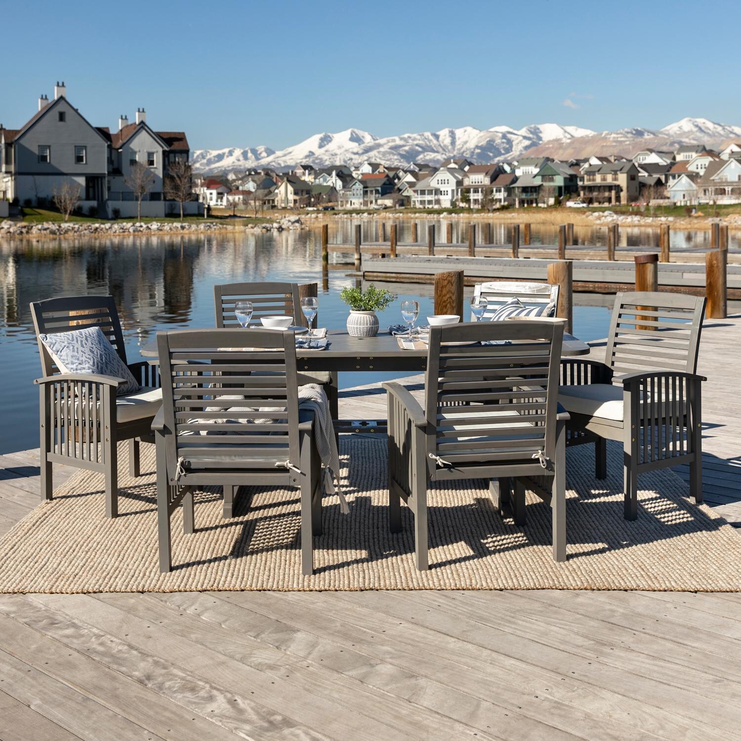 Cozy View 7 Pc Acacia Patio Dining Set w/ 55-79 X 35 Inch Extension Rectangular Table in Gray Wash by Ultimate Patio