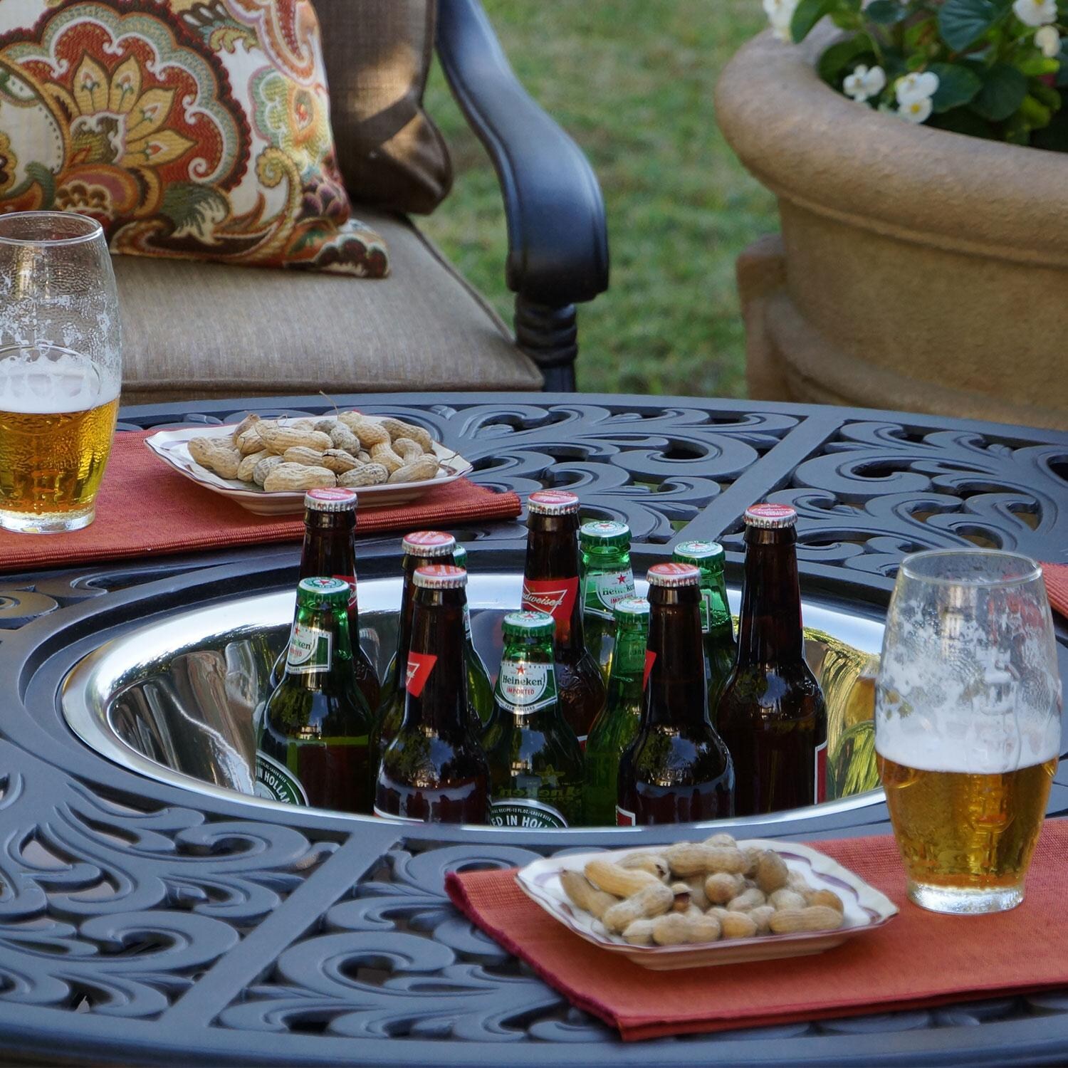 Darlee Nassau 5 Piece Cast Aluminum Patio Fire Pit Conversation Seating Set With 2 Swivel Rockers - Used as Beverage Cooler - Detail thumbnail