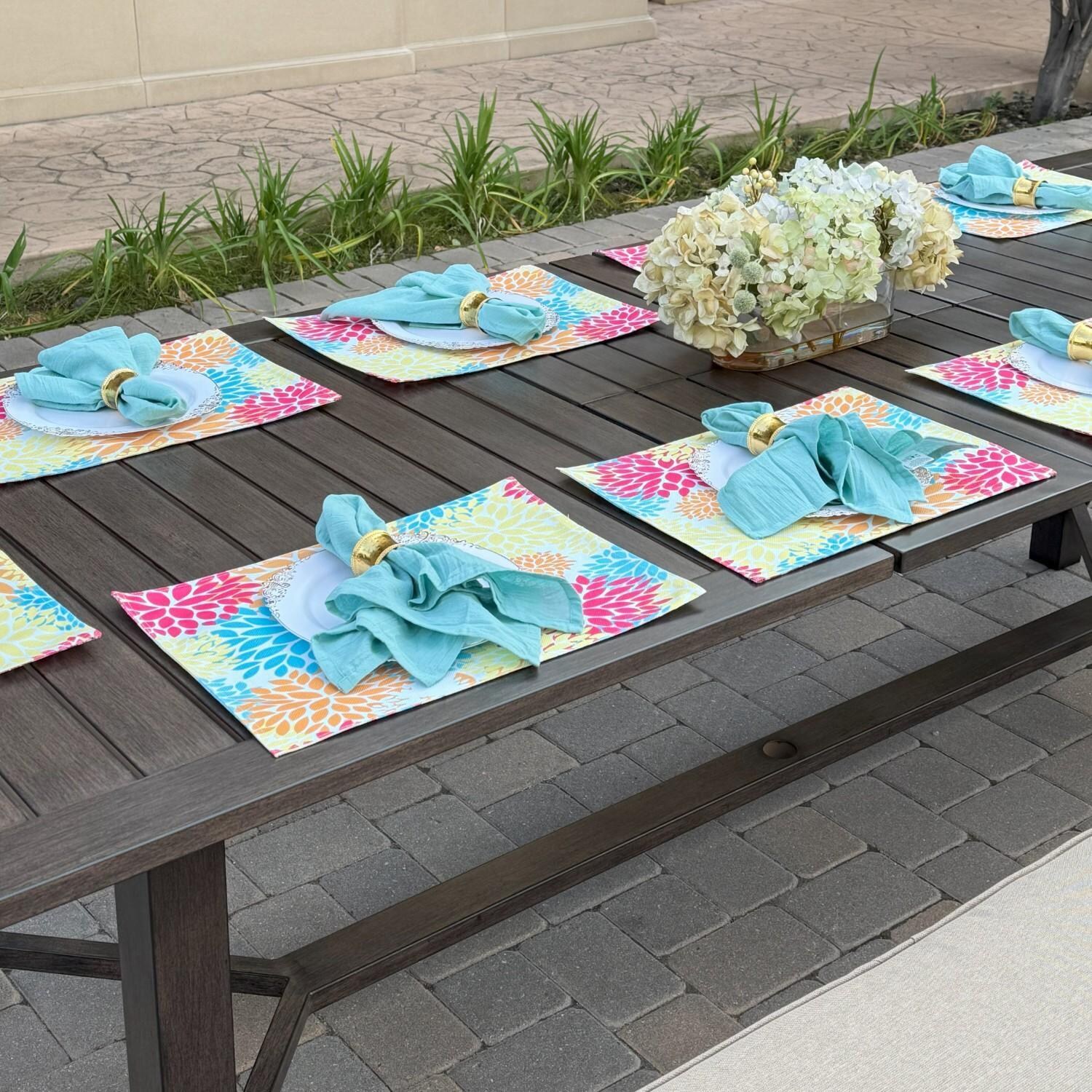 Atlantis 5 Pc Aluminum Dining Set w/ 4 Two Person Benches & Extension Table in Walnut/Beige by Darlee - Table From Above - Lifestyle thumbnail