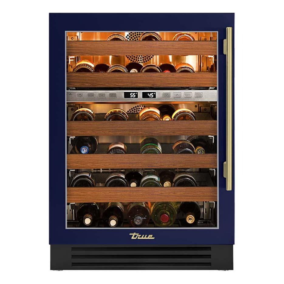True 24 Inch 45 Bottle Left Hinge Glass Door Outdoor Dual Zone Wine Cabinet - Cobalt w/ Brass Handle - TWC-24DZ-L-OG-C~DSK-078-H01