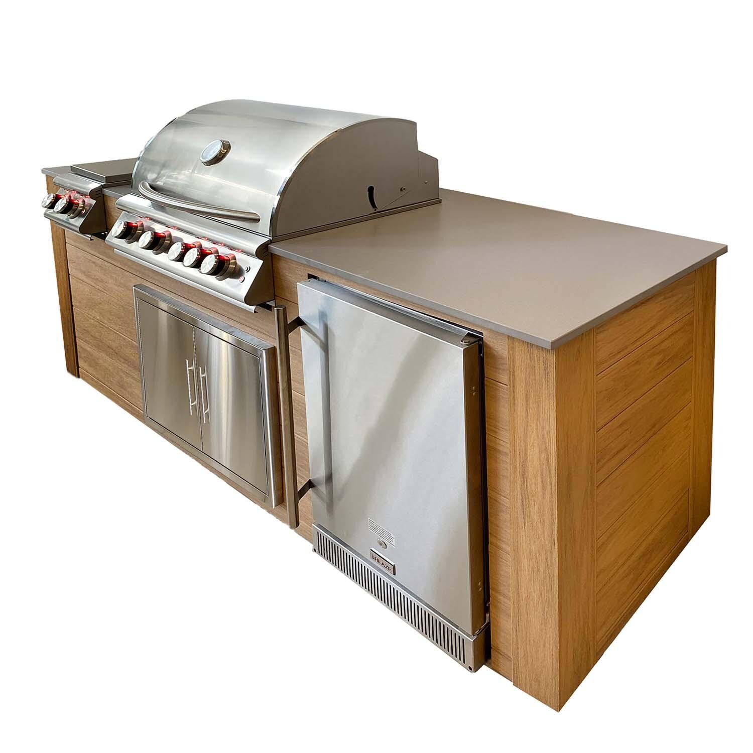 Pro-Fit 8-Foot Outdoor Kitchen Island W/ BLZ-4LTE2-NG Blaze Premium LTE 32-Inch Natural Gas Grill, Double Side Burner & Refrigerator - Golden Cypress / Grigio Cemento Satin - Right - White Background thumbnail