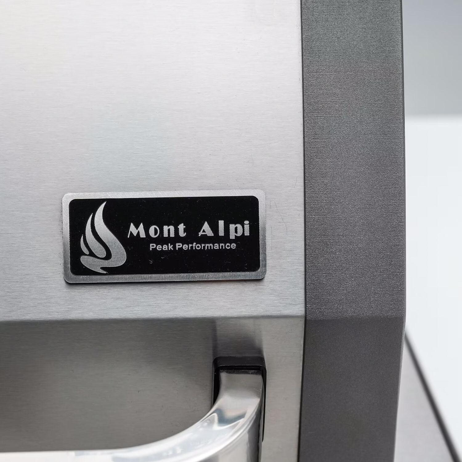 Mont Alpi Black Series 10 Ft Propane Outdoor Kitchen Island w/ Side Burner & Refrigerator - Logo - Shown in Stainless Steel - Detail thumbnail