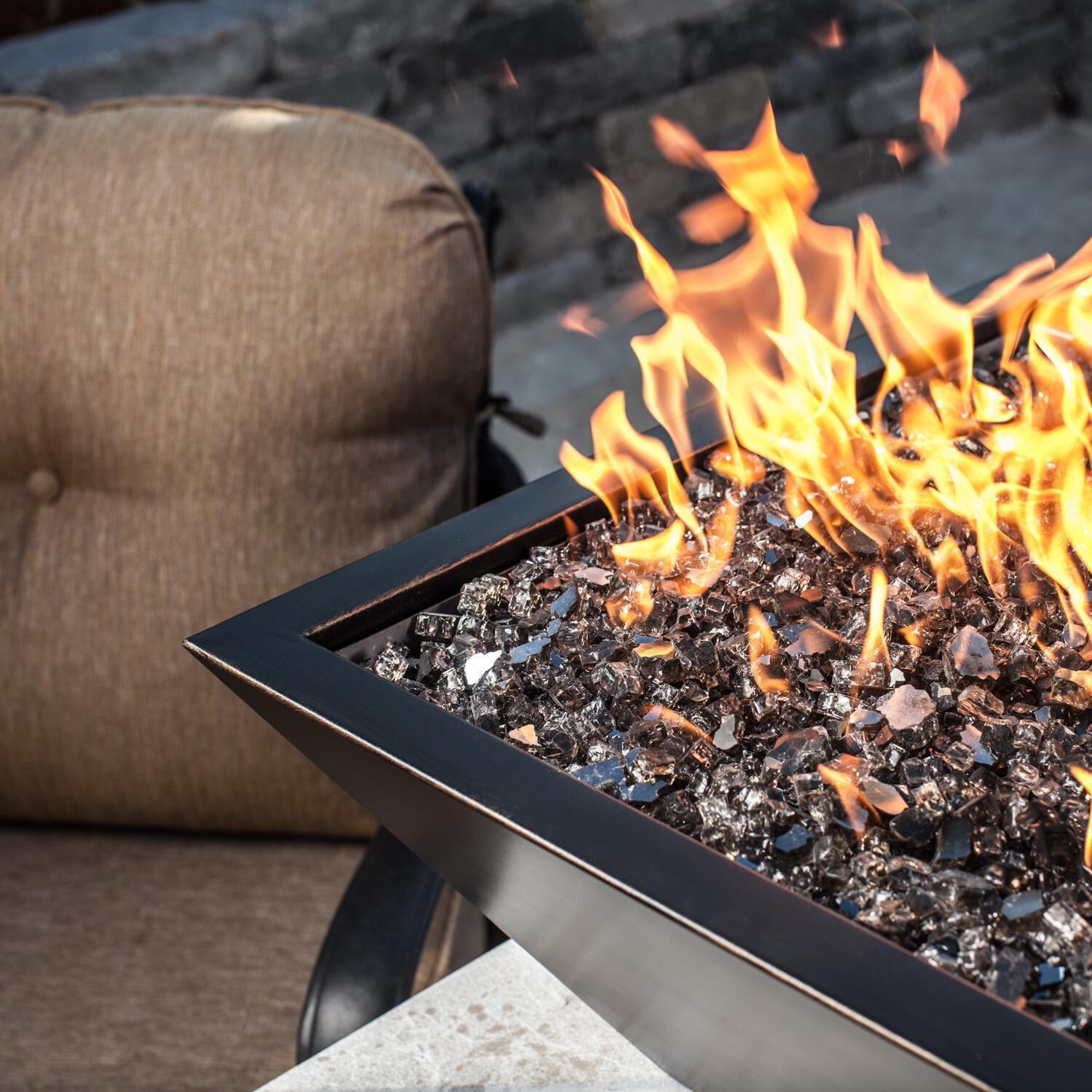 BBQGuys Signature Series Westfalen 24-Inch Square High-Rise Natural Gas Fire Bowl - Oil Rubbed Bronze - Edge Detail - Shown with 1/2 inch Monochrome Gray Reflective Fire Glass thumbnail