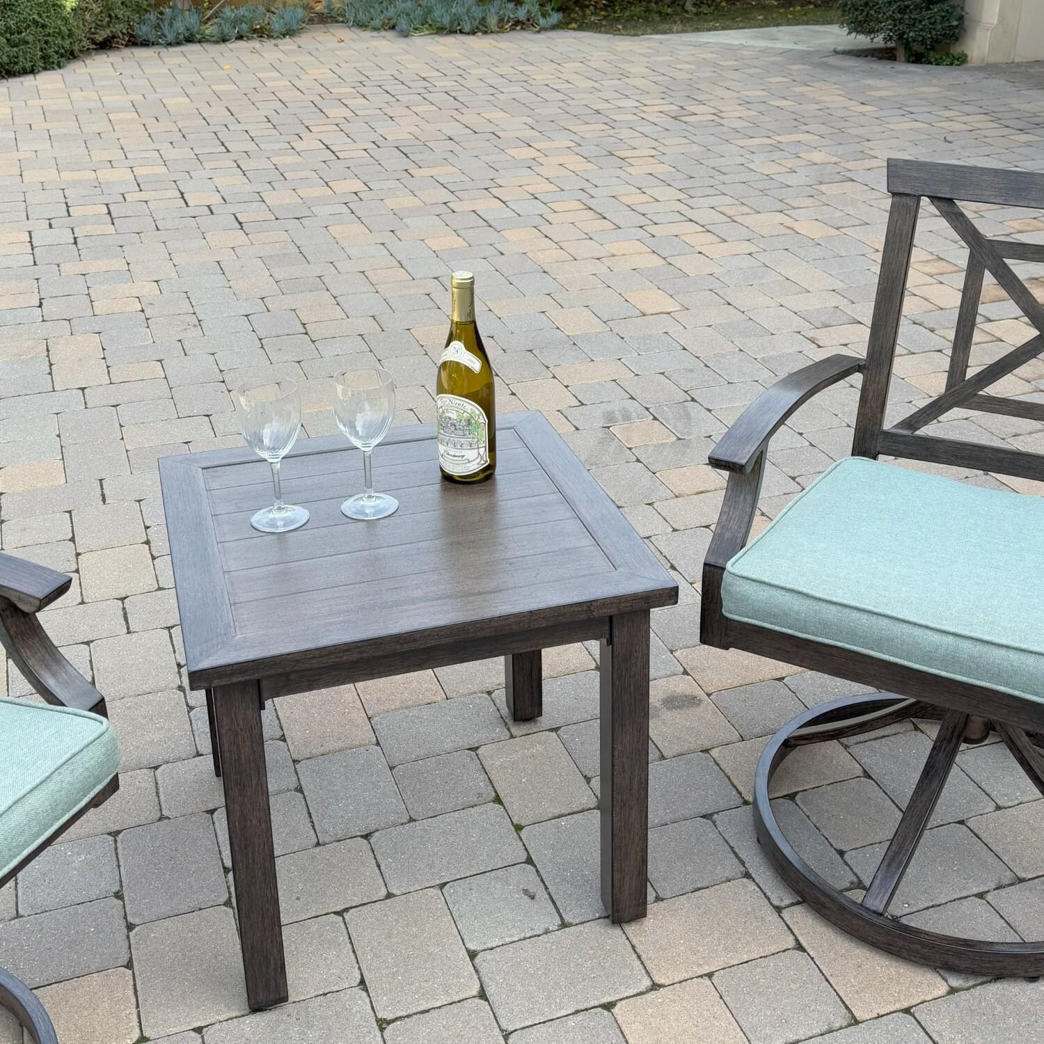 Atlantis 3 Pc Aluminum Seating Set w/ 2 Swivel Rocker Arm Chairs in Walnut/Spa by Darlee - Table Close-up - Lifestyle thumbnail