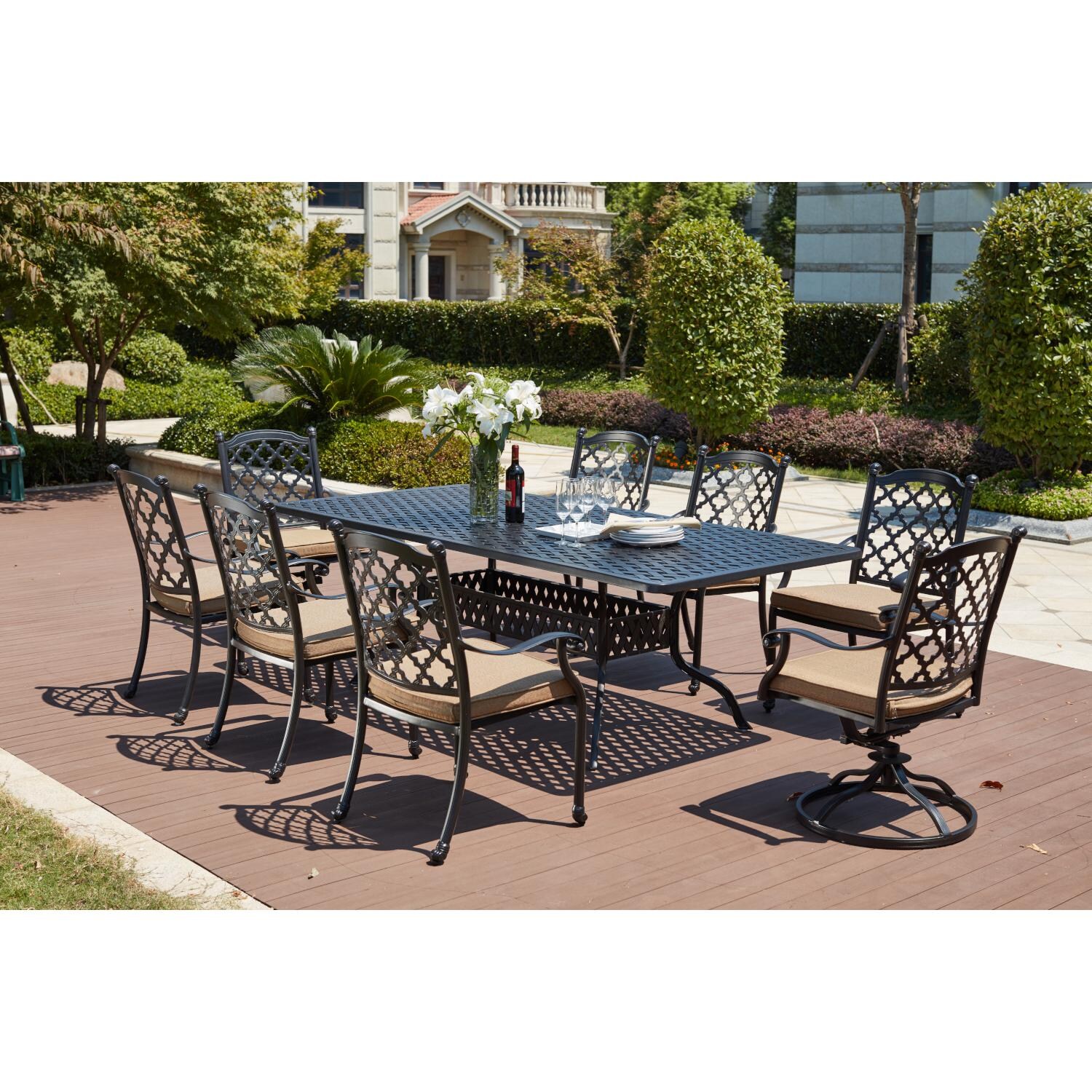 Darlee 201650-9PC-30SL Madison 9 Piece Cast Aluminum Patio Dining Set W/ 92 X 42 Inch Rectangular Table - Lifestyle thumbnail