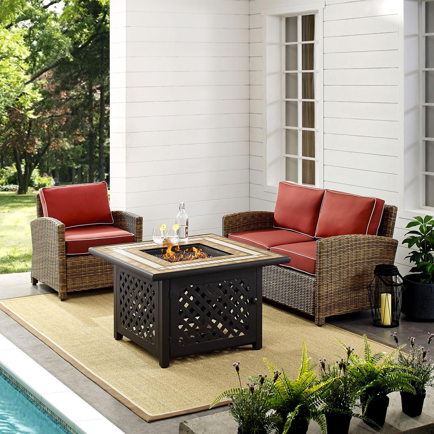 Ultimate Patio UP-92394-SG 3Pc Wicker Outdoor Loveseat Set W/ Fire Table in Sangria - By The Pool - Lifestyle thumbnail