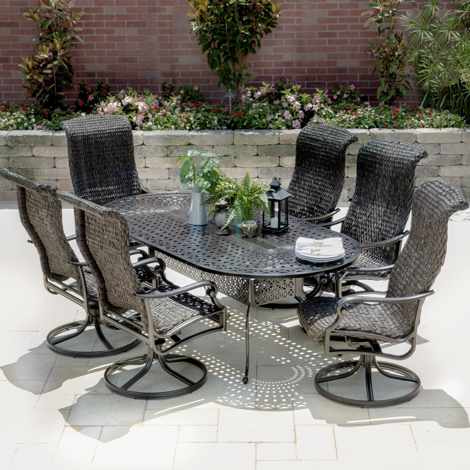 Du Monde 7 Piece Banana Leaf Wicker Patio Dining Set W/ 84 X 42 Inch Oval Dining Table & Swivel Rockers By Lakeview Outdoor Designs