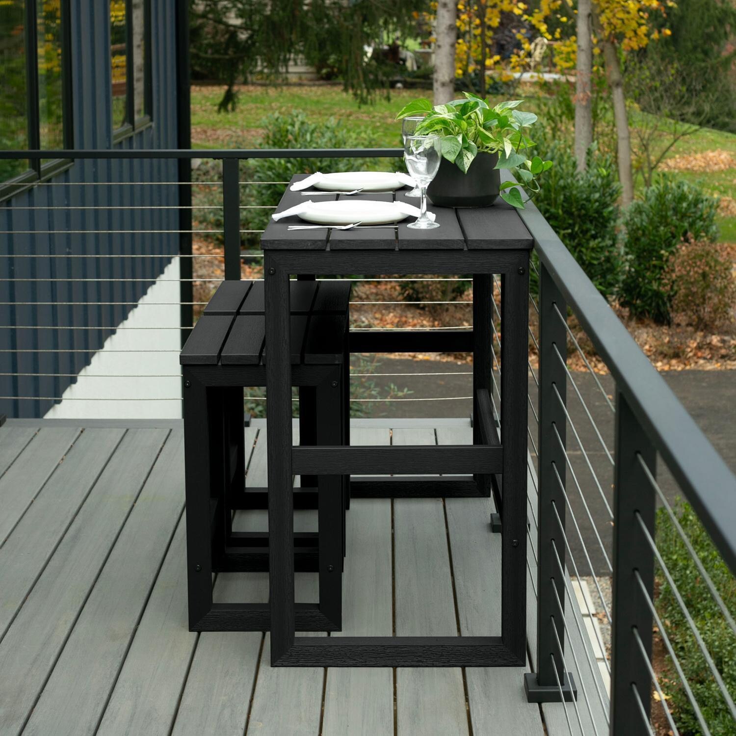 Lakeview Audubon 3 Pc Recycled Plastic Counter Height Balcony Dining Bar Set in Black - On Patio - Lifestyle thumbnail