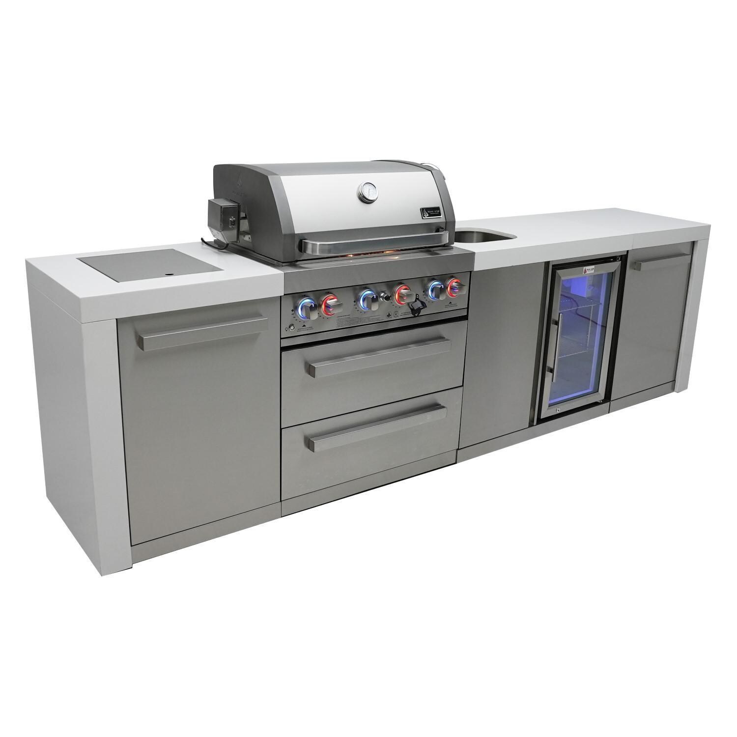 Mont Alpi - MAi400-DBEV - Mont Alpi 400 Deluxe Propane Gas Island Grill W/ Beverage Center, Infrared Side burner, and Rotisserie Kit - Closed Burners On Angled - White Background thumbnail