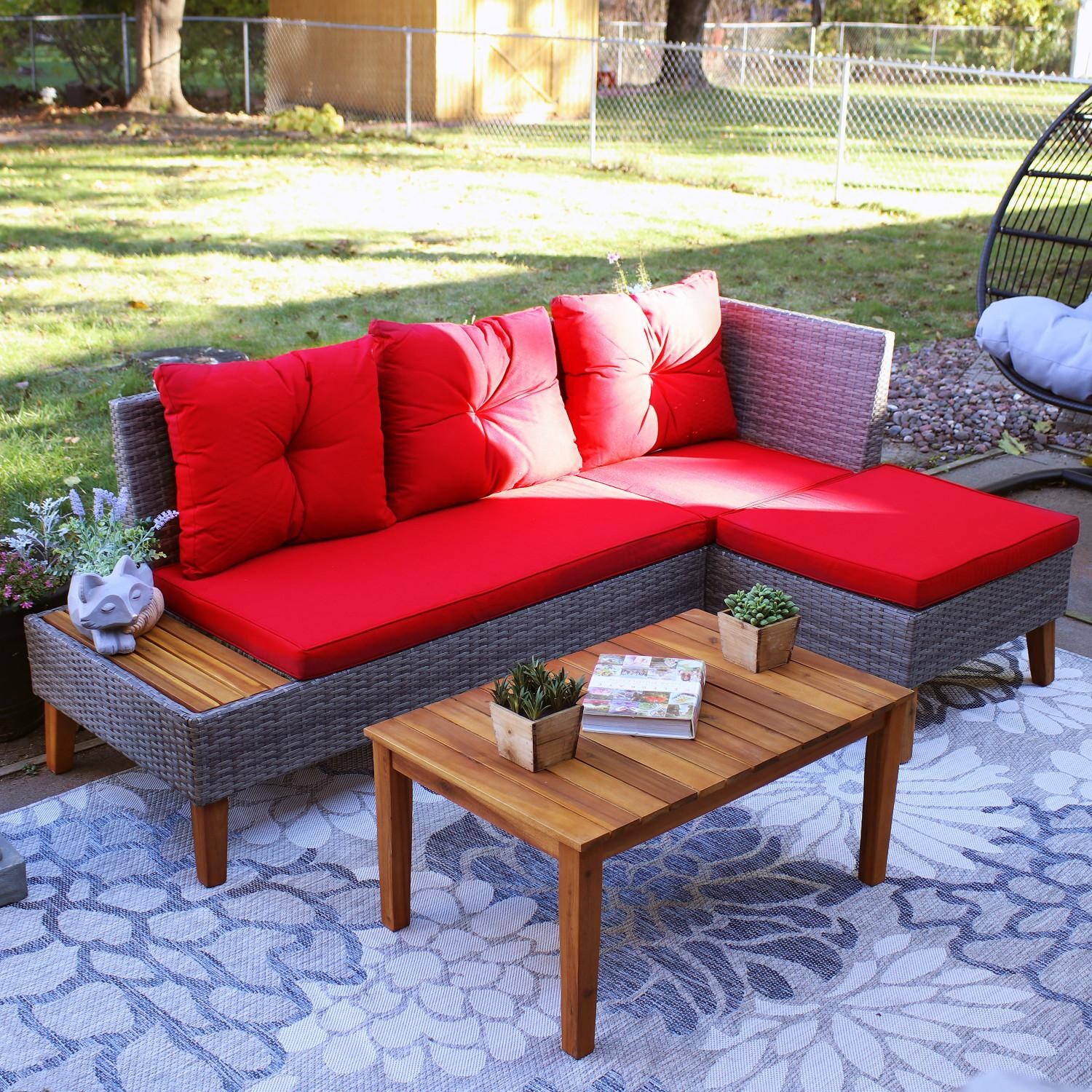 Sunnydaze Alastair 2-Piece Resin Wicker Patio Sectional Set W/ Acacia Coffee Table - Red Cushions image