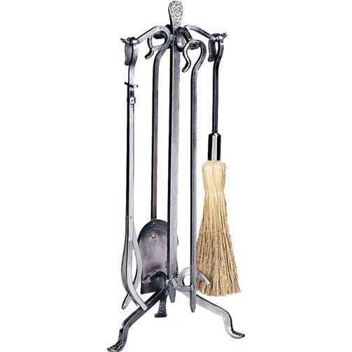 UniFlame 5-Piece Pewter Wrought Iron Fireplace Tool Set With Crook Handles - F-1602