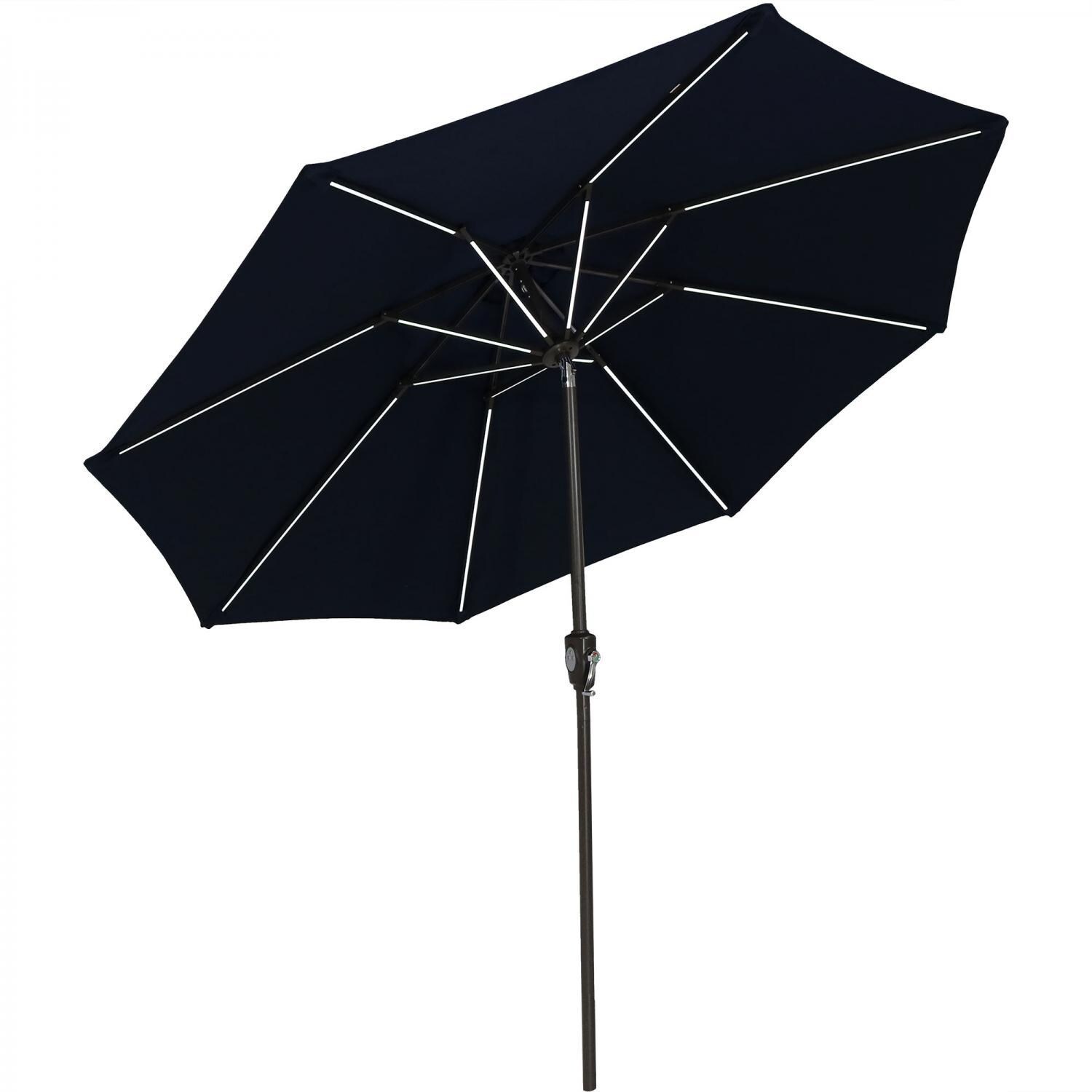 Ultimate Patio 9 Ft. Solar Lighted Octagonal Aluminum Patio Market Umbrella W/ Crank & Tilt - Black Frame & Navy Blue Sunbrella Canopy thumbnail