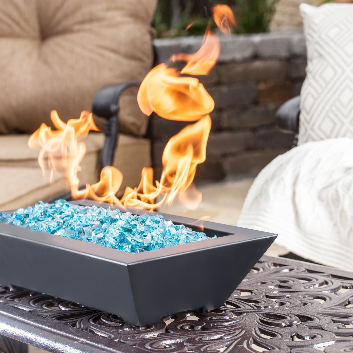 BBQGuys Signature Series Westfalen 18-Inch Table-Top Propane Fire Pit - Black - In Use - Shown with 1/2 inch Caribbean Blue Reflective Fire Glass (Sold Separately) thumbnail