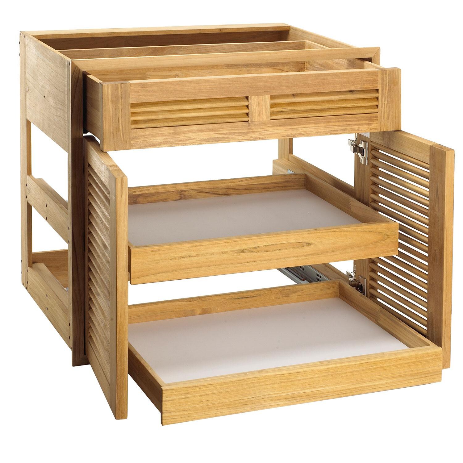 Pacific Teak 30 Inch Louvered 1 Drawer/ 2 Door Combo W/ 2 Rollout Trays - Open thumbnail