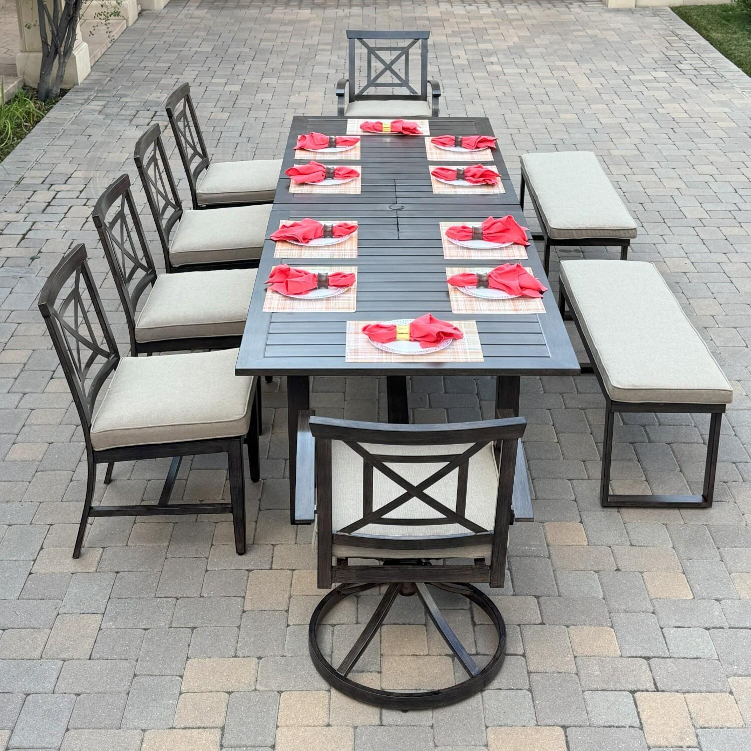 Atlantis 9 Pc Aluminum Dining Set w/ 4 Dining Side Chairs, 2 Swivel Rocker Dining Arm Chairs, 2 Two Person Benches & Extension Table in Walnut/Beige by Darlee - On Patio - Lifestyle thumbnail