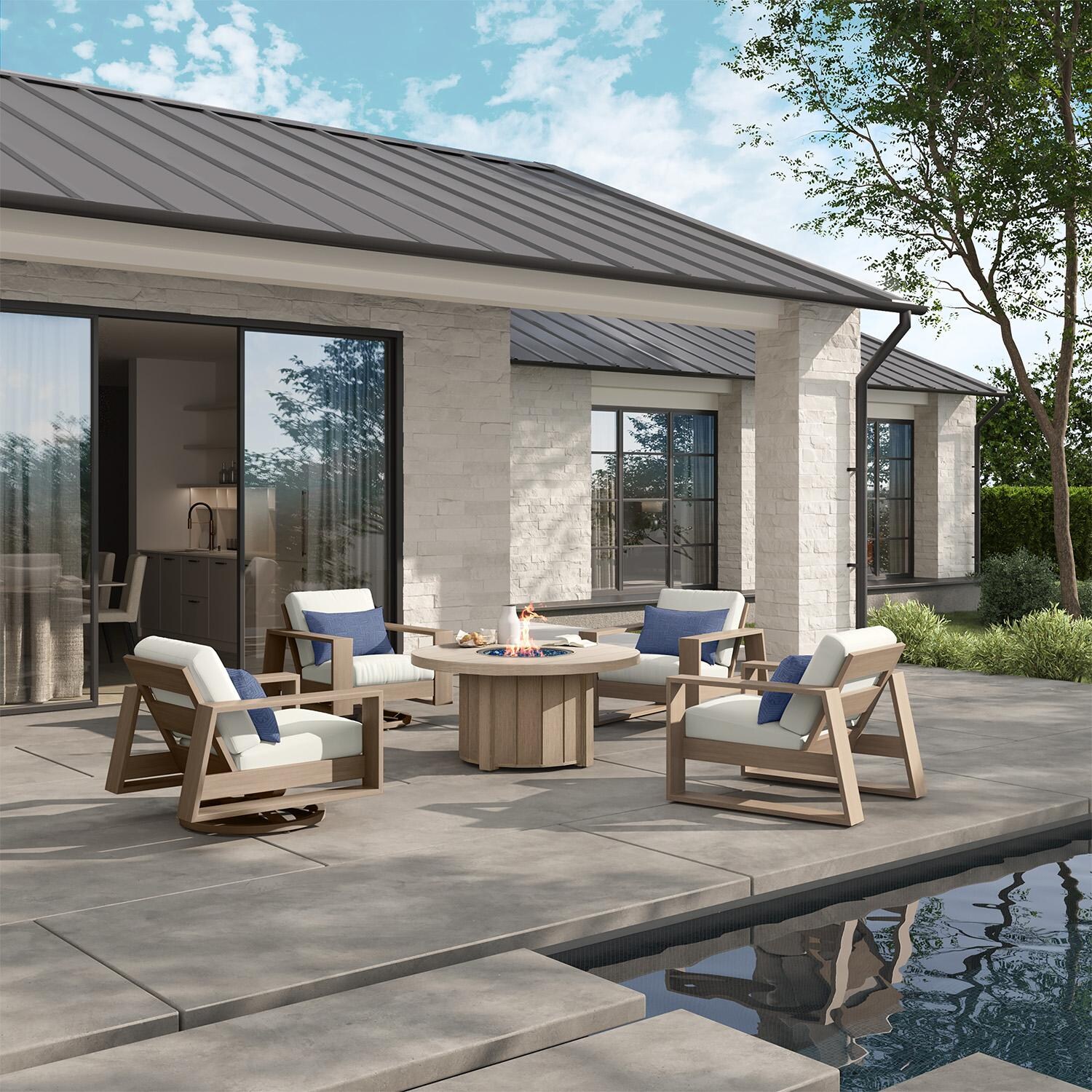 Novara 5 Pc Aluminum Seating Set W/ Fire Pit Seating Set in Flax By Ebel - Lifestyle thumbnail