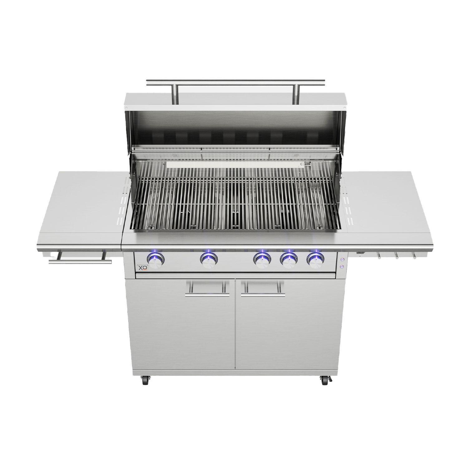 XO Appliance Performance XLT2 40-in 4 Burner Propane Grill - Lid Up - LED Knobs On - White Background thumbnail