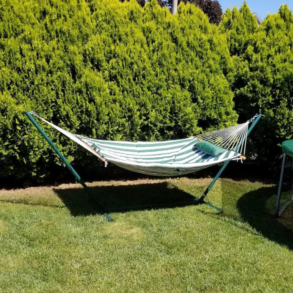Ultimate Patio Rope Hammock w/ 12-Foot Stand, Pad, & Pillow - Green & White Stripe - Lifestyle thumbnail