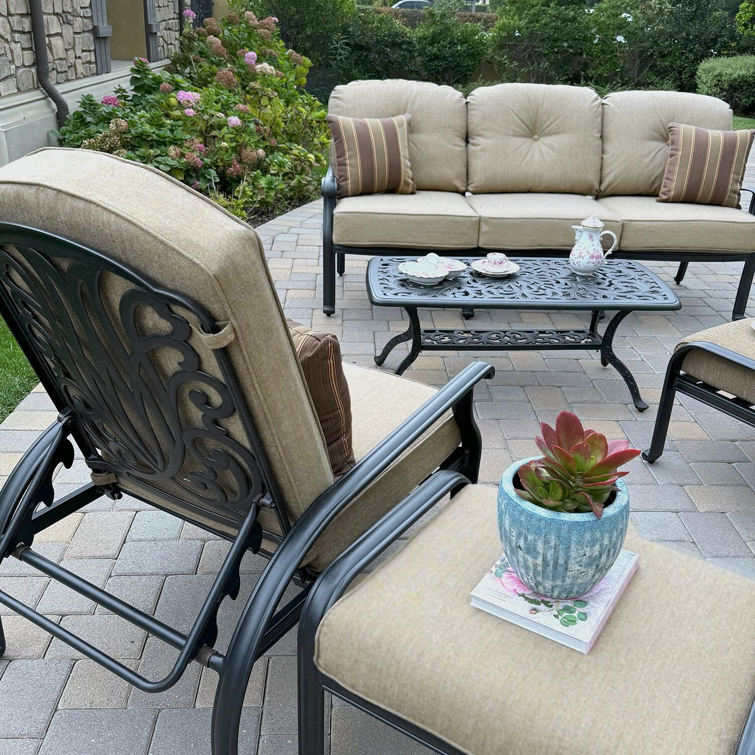 Darlee Elisabeth 6-Pc Seating Set w/ 42 X 21-Inch Series 80 Table & Throw Pillows in Antique Bronze/Beige - Set Up Close - Lifestyle thumbnail