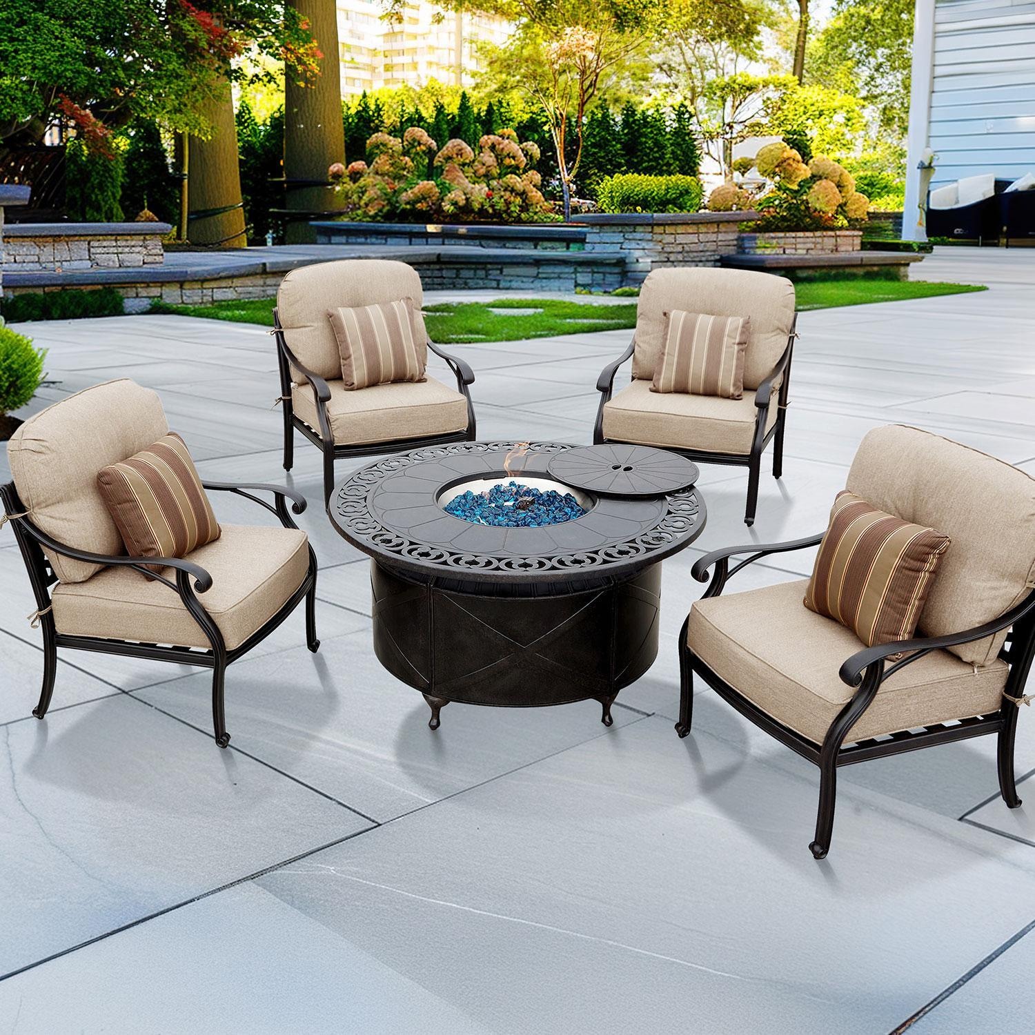 Darlee Nassau 5 Pc Cast Aluminum Fire Pit Seating Set w/ 47 Inch Table w/ 4 Club Chairs & Throw Pillows in Antique Bronze/Beige Canvas by