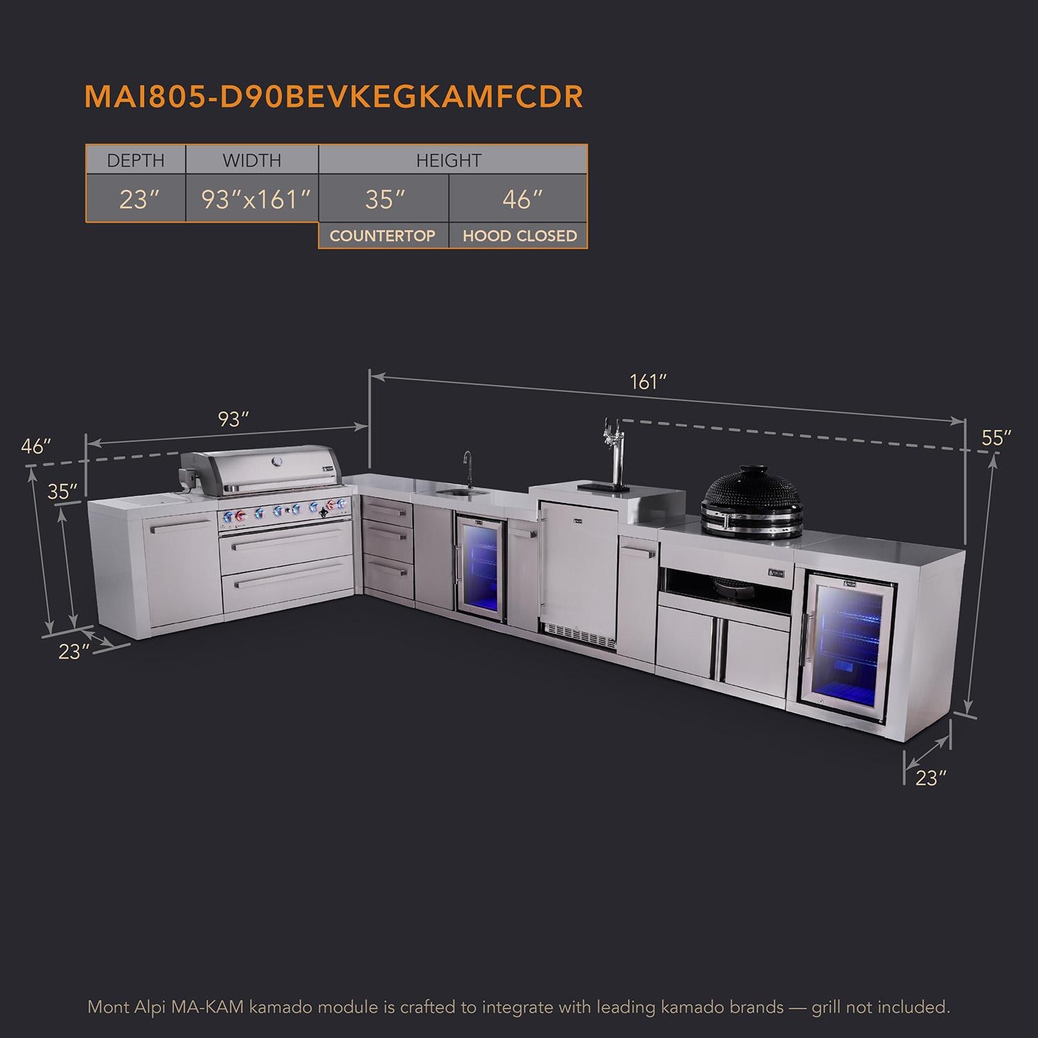 Mont Alpi Deluxe Series 13 1/2 Ft L-Shaped Natural Gas Outdoor Kitchen Island w/ 32-in Grill, Side Burner, Beverage Center, Kegerator & Triple Drawer (Ships Propane w/ Conversion Kit) - Dimensions - Dimensional thumbnail