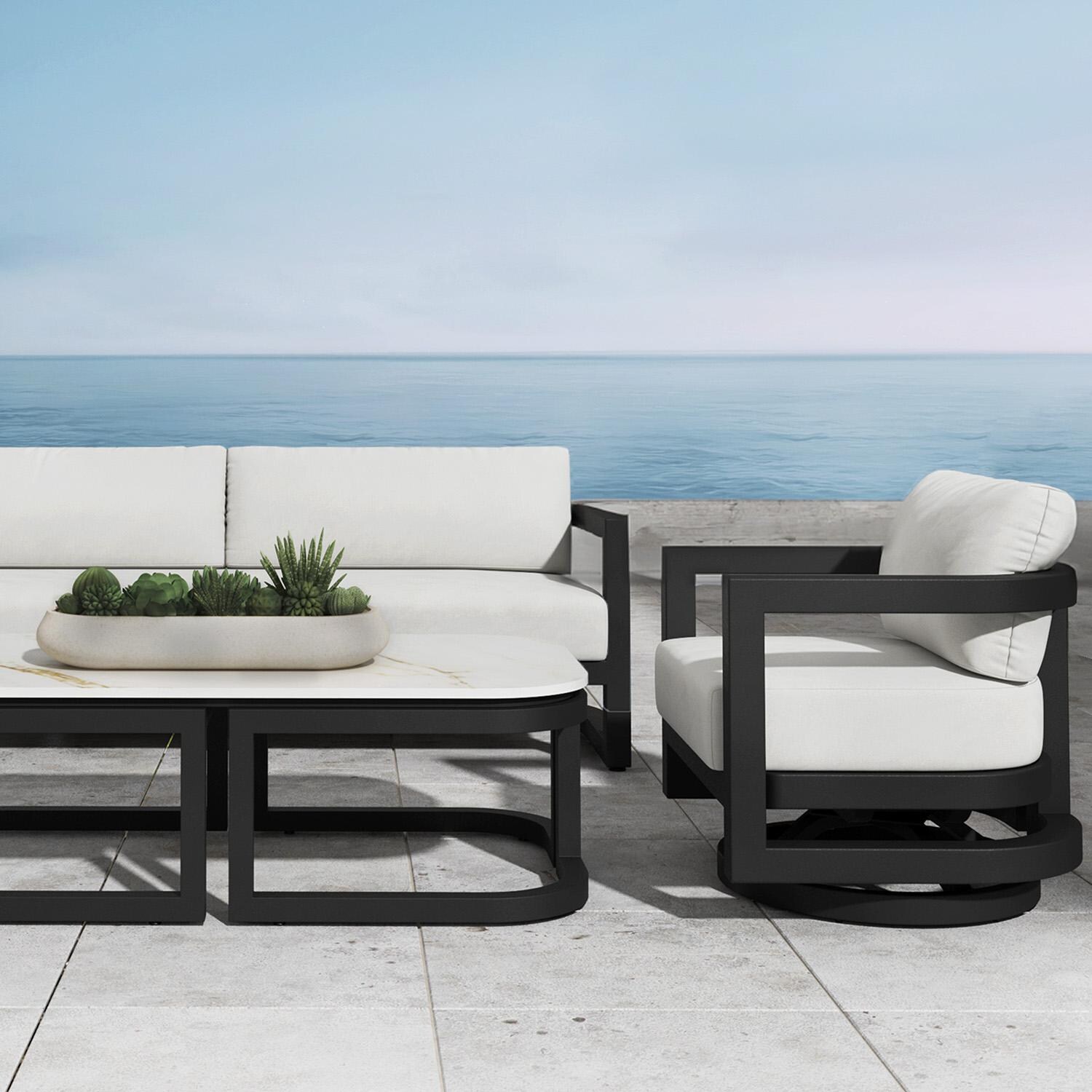 Malibu Aluminum Swivel Chair in Black/Soothe Pearl by Sunset West - By the Water - Lifestyle thumbnail