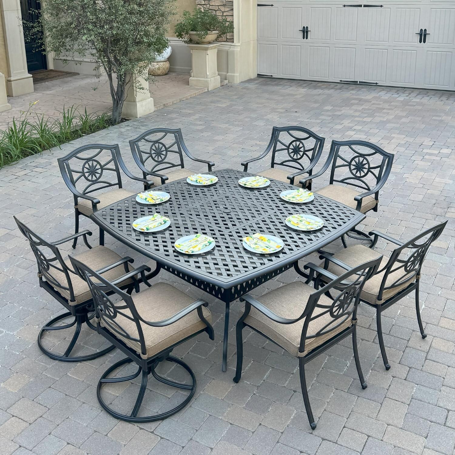 Darlee B/DL503-9PCDR-30W Ten Star 9 Pc Cast Aluminum Dining Set w/ Swivel Rocker Chairs in Antique Bronze - Set - Lifestyle thumbnail
