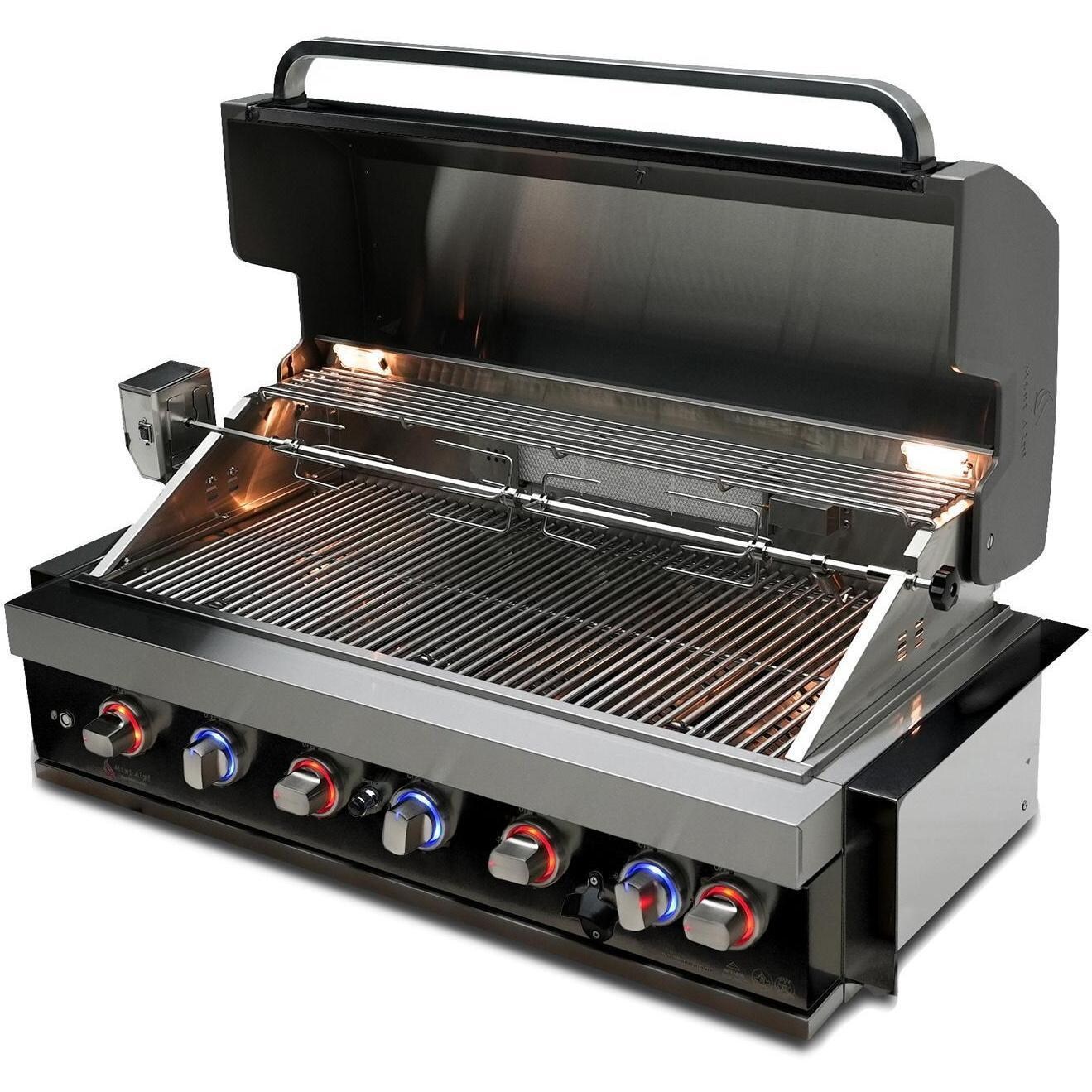 Mont Alpi MA805-AWBSS 6-Burner Black Stainless Steel Art-Wood Propane Island Grill - Grill Head Lid Open Angled Left - White Background thumbnail