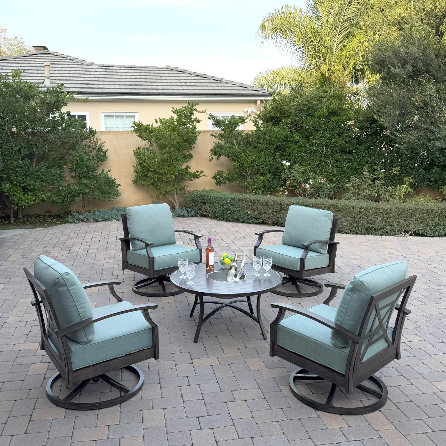 Atlantis 5 Pc Aluminum Seating Set w/ 4 Swivel Rocker Club Chairs & Ice Bucket in Walnut/Spa by Darlee