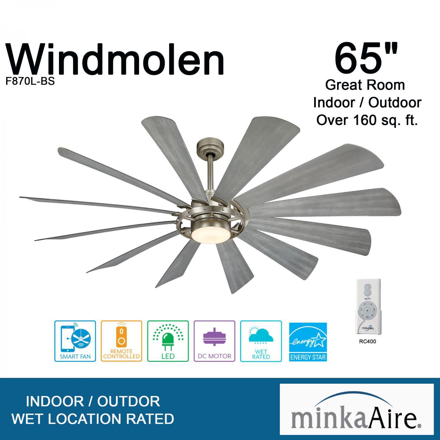 Minka-Aire F870L-BS Windmolen 65-Inch 12-Blade LED Ceiling Fan in Brushed Steel Finish w/ Ashwood Blades & Etched Lens - Overview thumbnail
