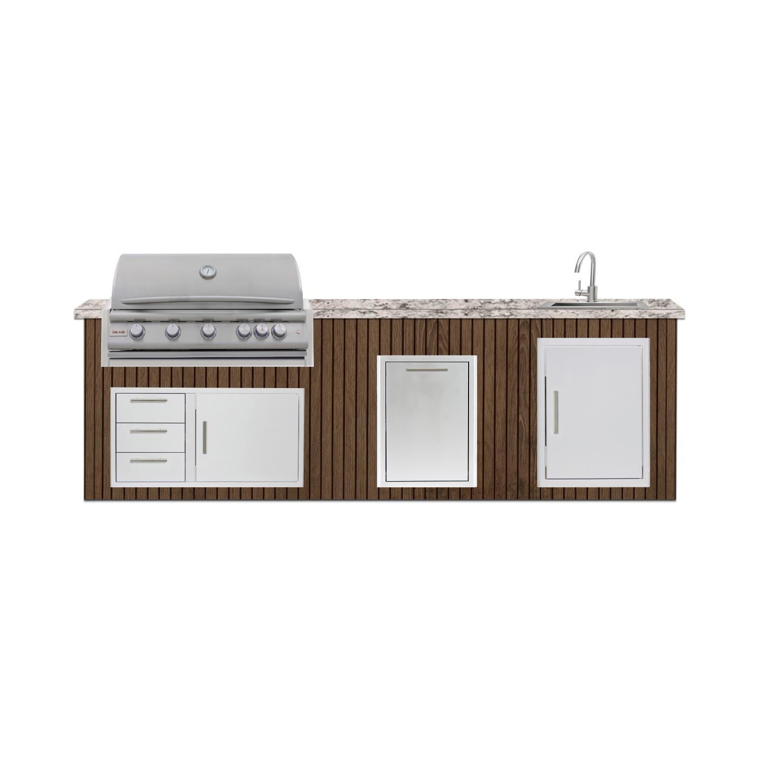 BBQGuys Signature  10 Ft Outdoor Kitchen Island w/ 40-in Blaze LTE+ Natural Gas Grill, Sink & Double Trash Bin | Toffee w/ White Valley Granite - Island - White Background thumbnail